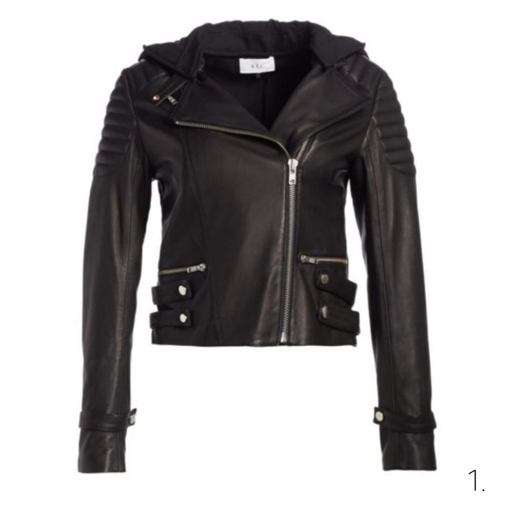 A.L.C. Knight Leather Biker Jacket Hooded Zipper Moto Black